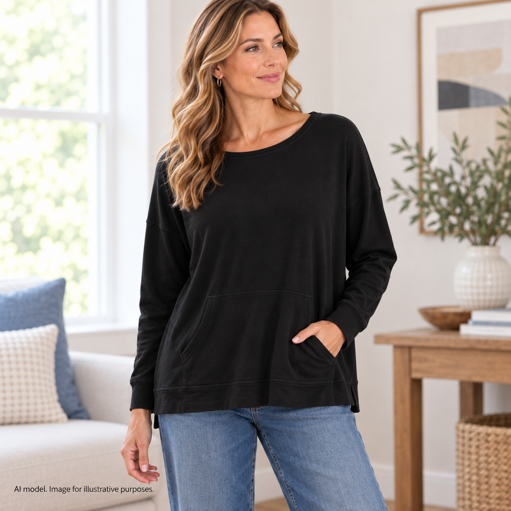 Eileen Fisher Sweatshirt Womens Large? Black Lux Tencel Hand Warmer Pocket Soft